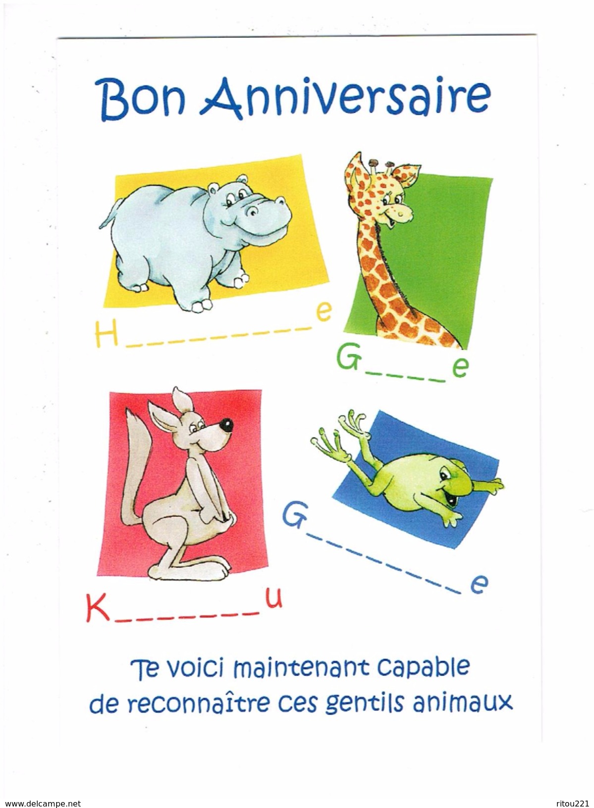 Double Cpm Lettres Alphabet - BON ANNIVERSAIRE - Hippopotame Girafe Kangourou Grenouille - Hippopotamuses