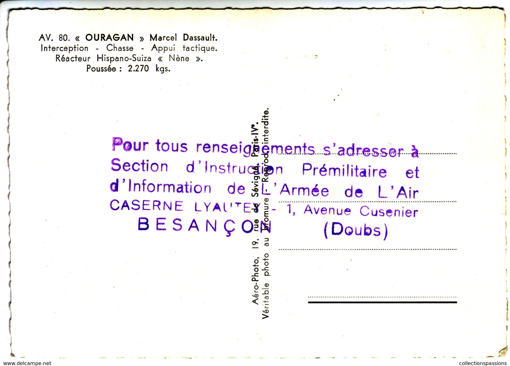 AVIATION - Avion De Chasse. OURAGAN - Tampon Armée De L'air. Besançon. Doubs - - 1946-....: Era Moderna