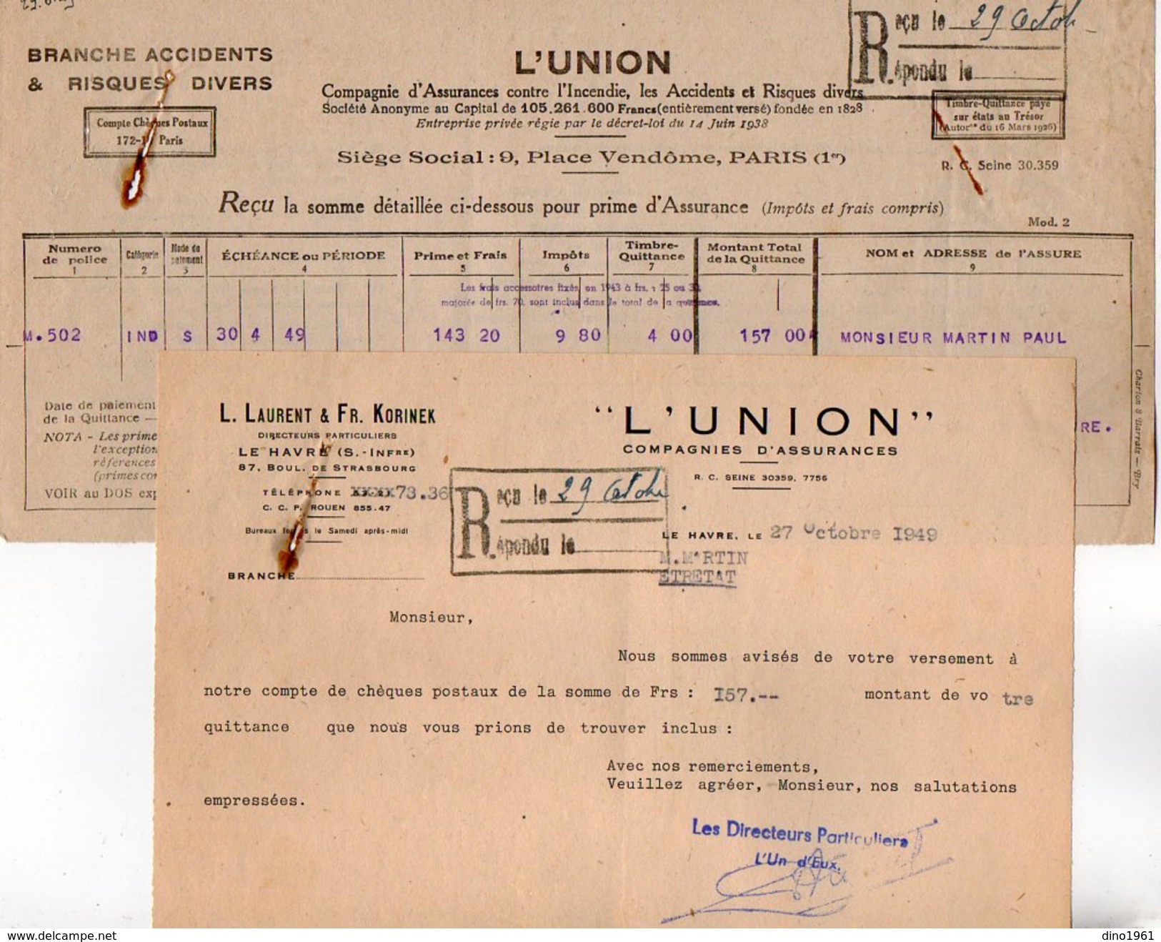 VP7291 - Lettre & Reçu - Cie D'Assurances ¨ L'UNION ¨ L.LAURENT & Fr.KORINEX Au HAVRE & PARIS - Bank & Insurance