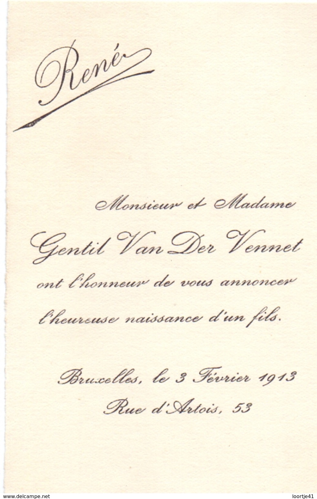 Geboortekaartje Carte De Naissance - René Van Der Vennet - Bruxelles 1913 - Nacimiento & Bautizo