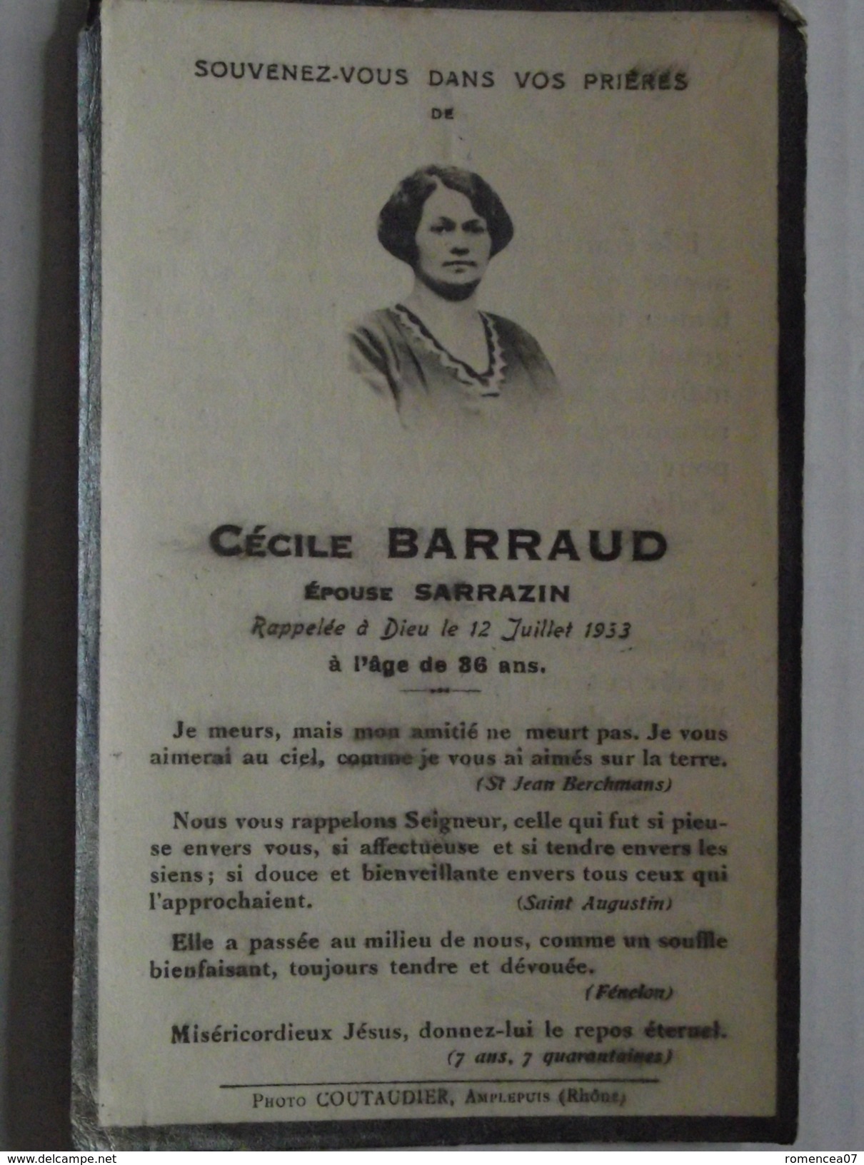 AMPLEPUIS (Rhône) - Avis De Décès - Cécile BARRAUD épouse SARRAZIN - 12 Juillet 1933 - 36 Ans - Format CDV - A Voir ! - Obituary Notices