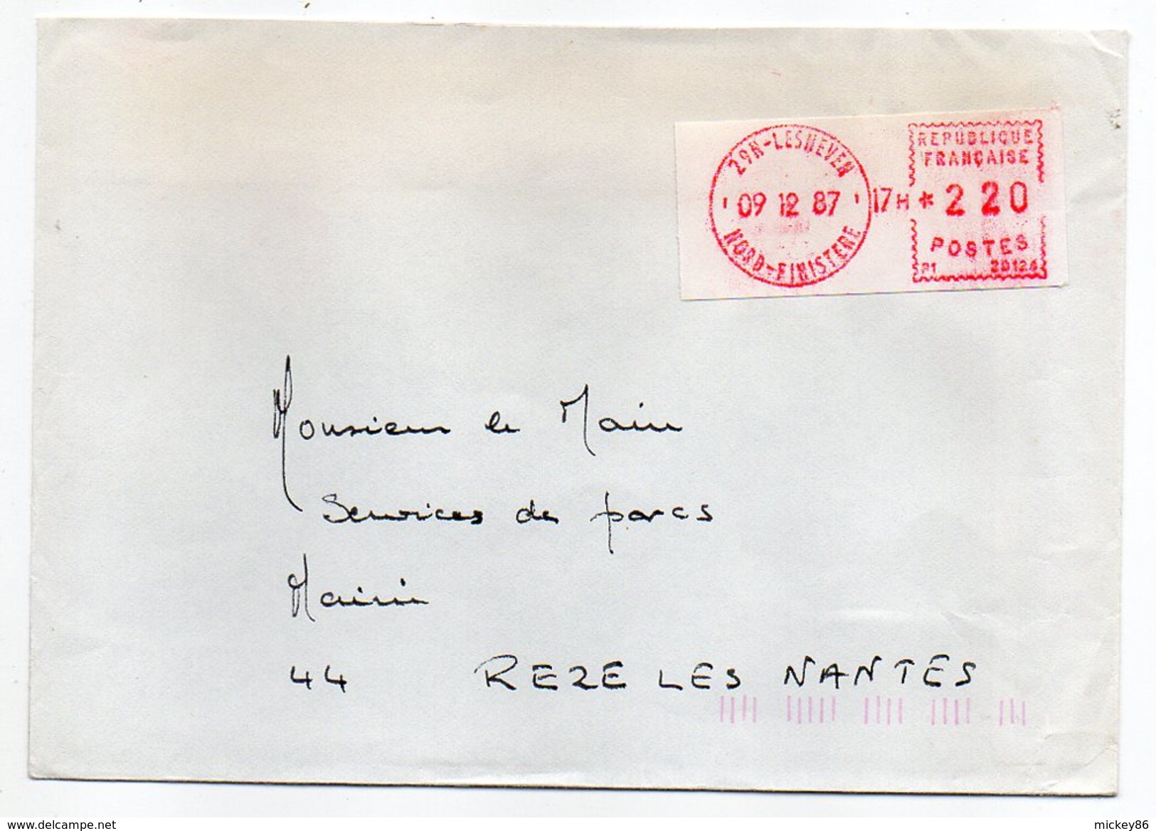 Automation-1987--LESNEVEN--29 -Vignette FRAM/SATAS  2.20f--Lettre Pour Rezé-44 - Briefe U. Dokumente