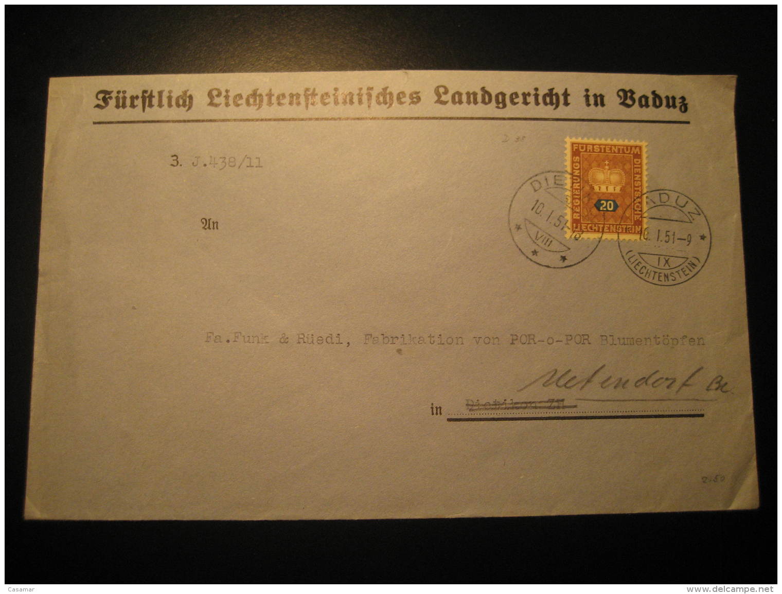 VADUZ 1951 To DIETIKON Switzerland Service Official Stamp On Cover Liechtenstein Dienstsache - Service