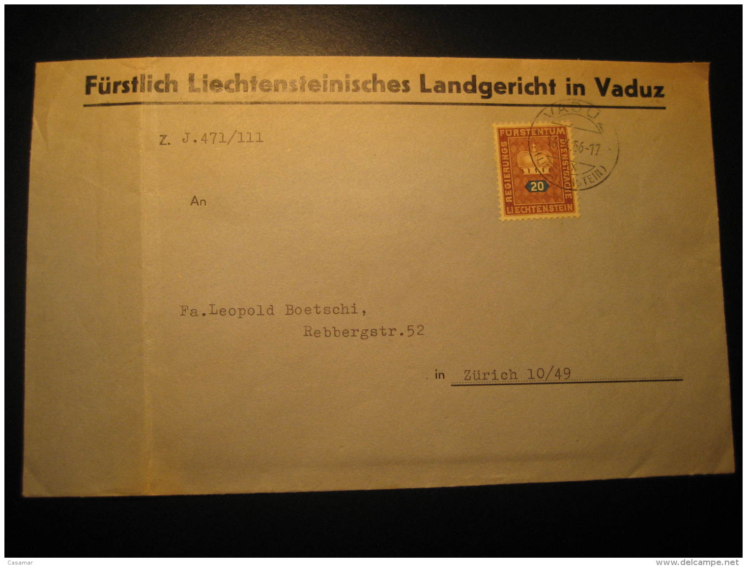 VADUZ 1956 To Zurich Switzerland Service Official Stamp On Cover Liechtenstein Dienstsache - Service