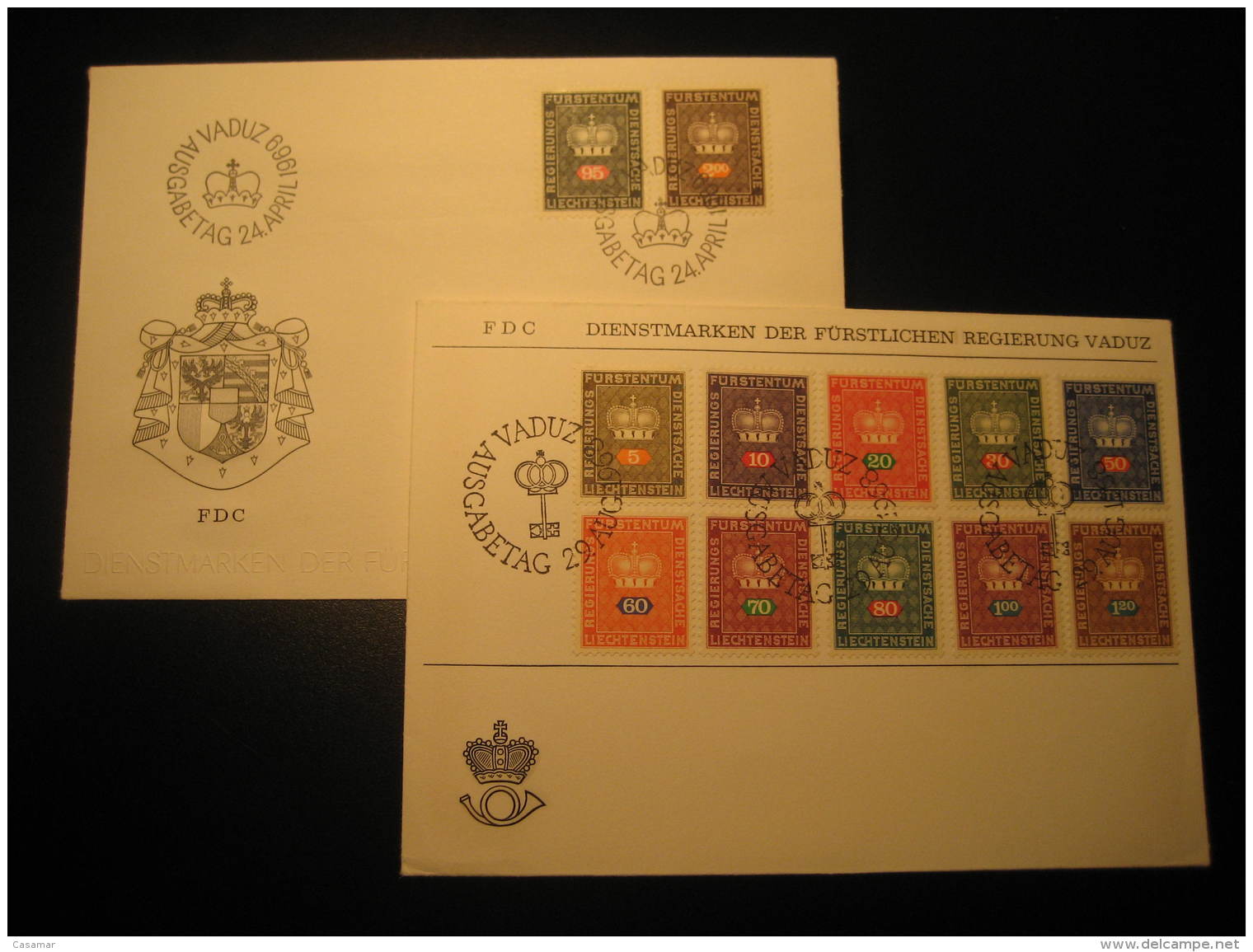 Yvert 45/56 Zumstein 48/59 VADUZ 1968 1969 2 FDC Service Official Stamp Cancel Cover Liechtenstein Dienstsache - Service