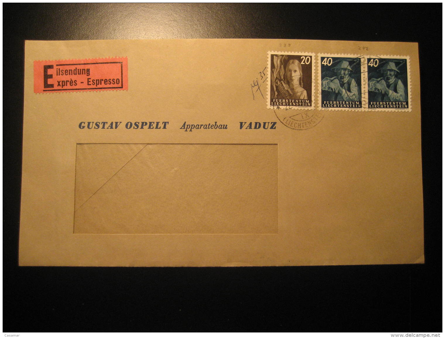 Cat. 257 X2 + 254 On Express Cover VADUZ 1957 Liechtenstein - Lettres & Documents