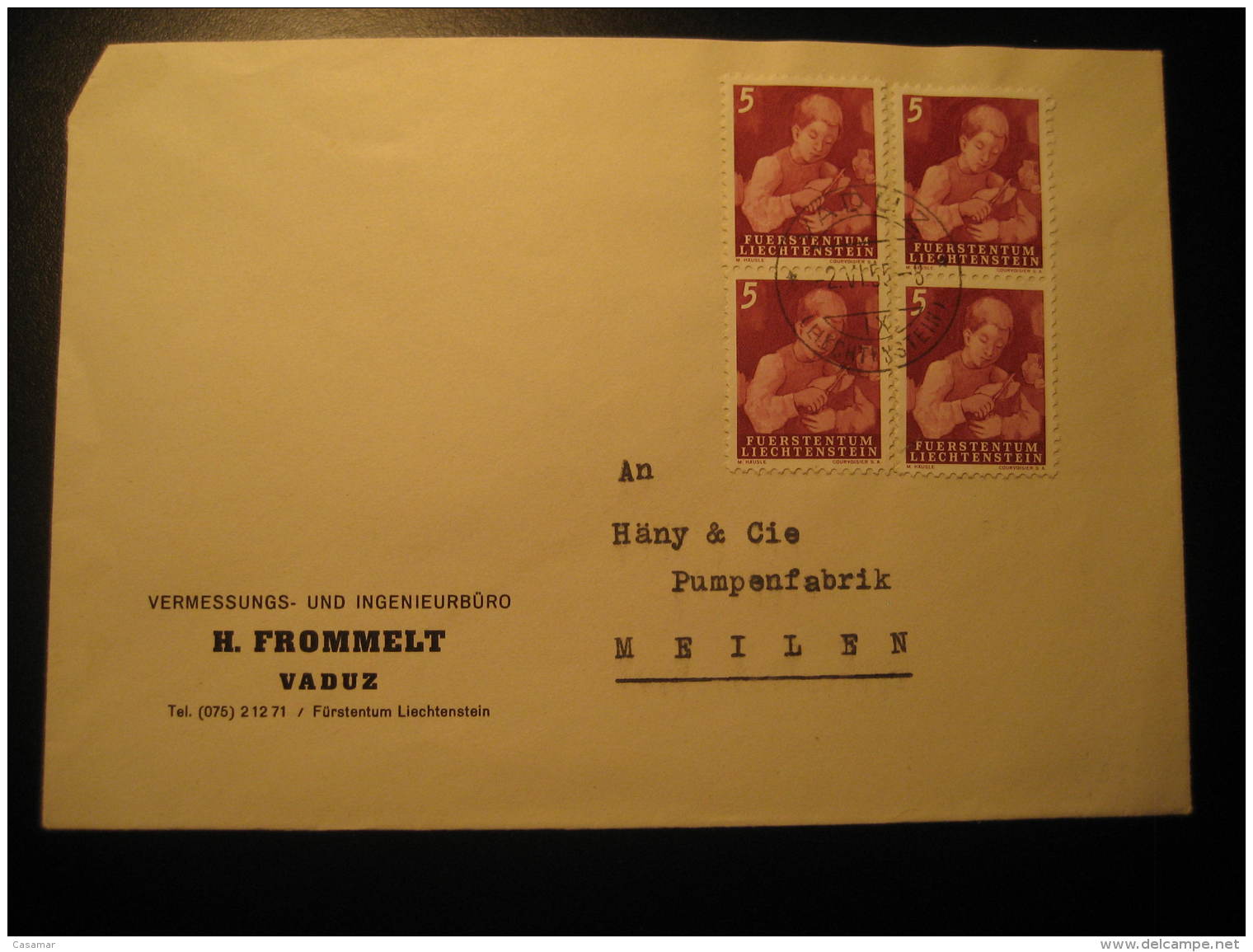 Cat. 251 X4 On Cover VADUZ 1955 Liechtenstein To Meilen Switzerland - Lettres & Documents