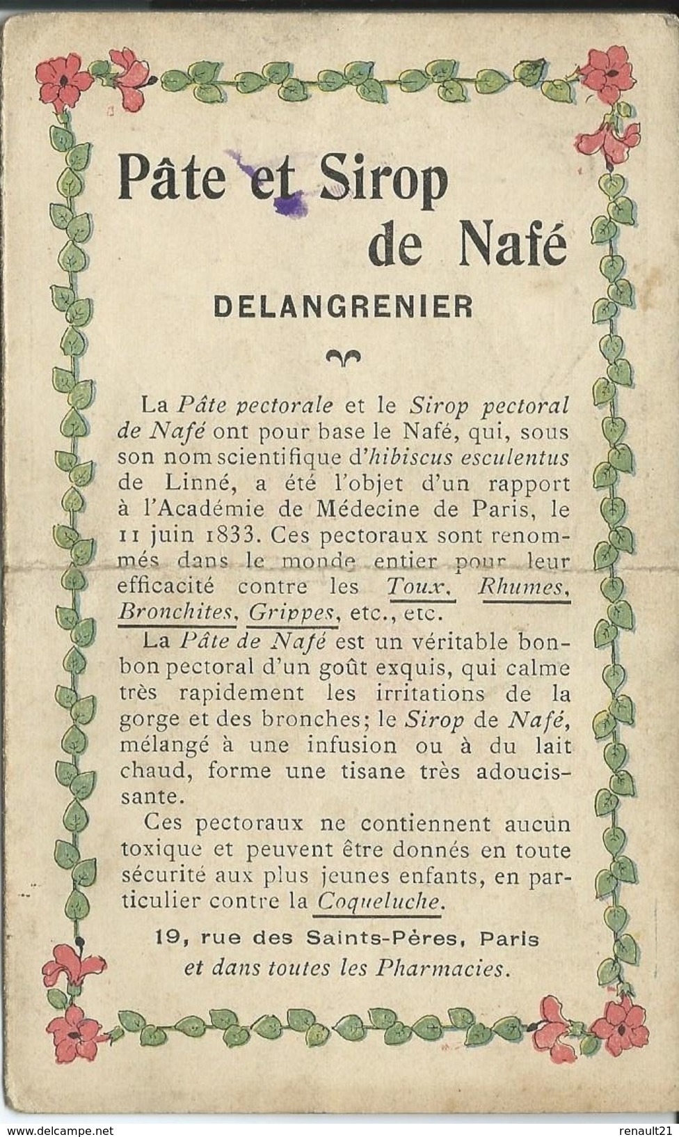 Publicité-Livret-Racahout Des Arabes-Pâte Et Sirop De Nafé Delangrenier-19,Rue Des Saint-Pères,Paris (Pliure Au Centre) - Publicités