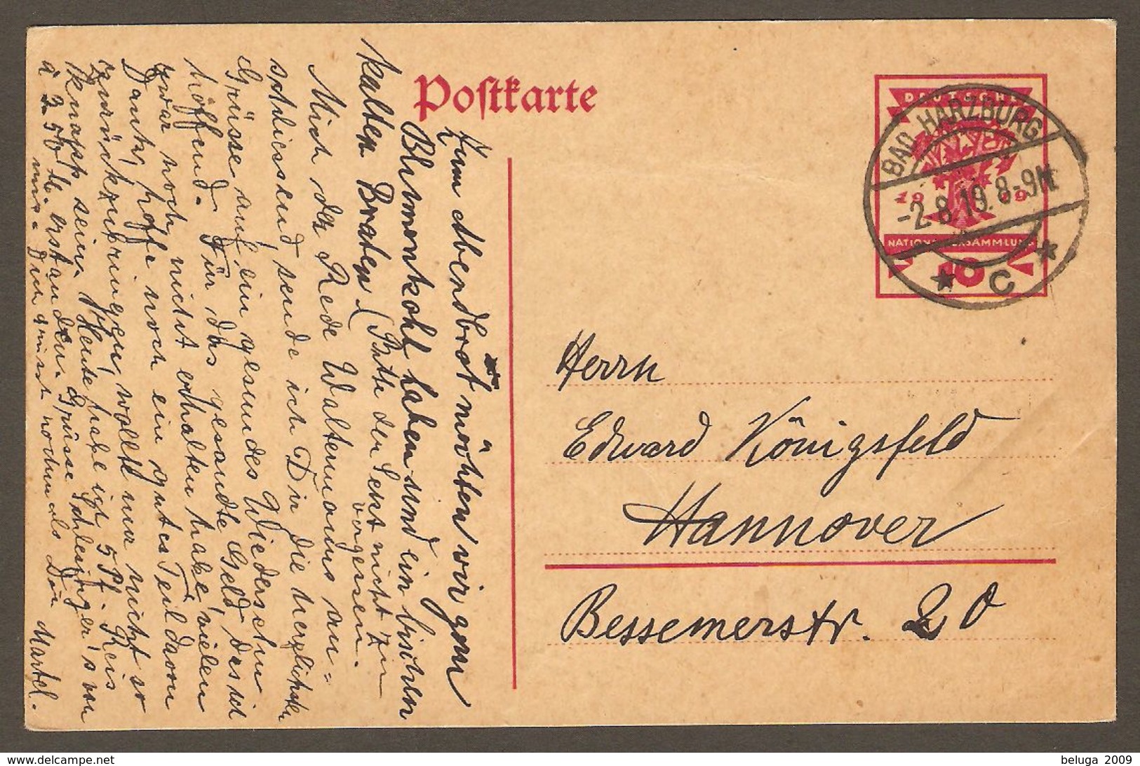 Germany 1919 Postcard P115 Bad Harzbur To Hannover - Covers & Documents