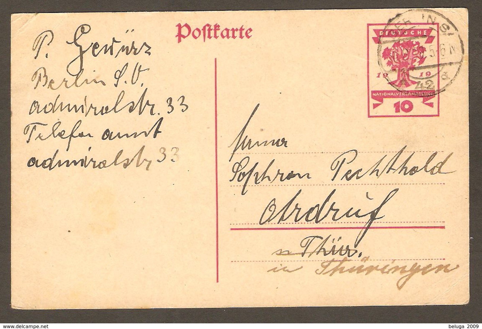 Germany 1919 Postcard P115 Berlin To Thuringen - Covers & Documents