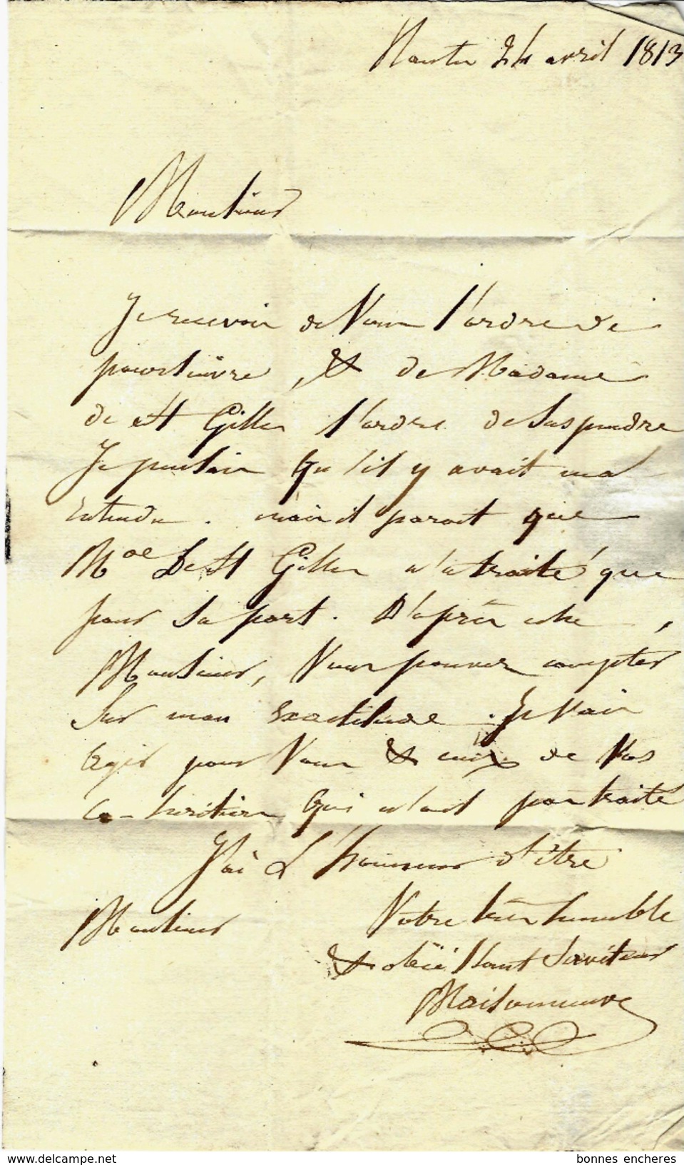 LETTRE SIGNEE PAR Maisonneuve à Nantes 1818 Pour Mr MAGON DE LA LANDE à SAINT MALO B.E.V.SCANS + HISTORIQUE - Manuscrits