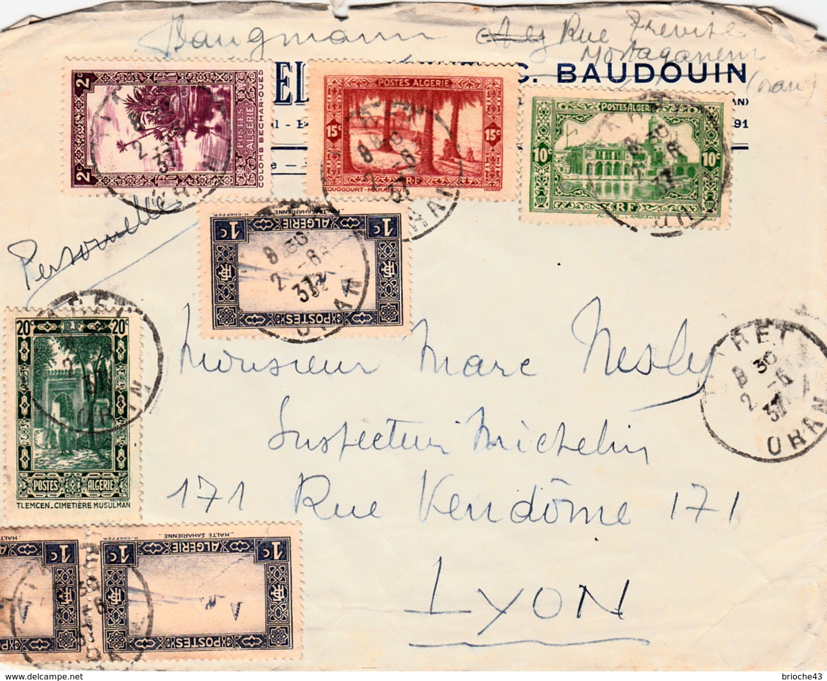 ALGERIE  1937 LETTRE ORAN POUR LYON - Briefe U. Dokumente