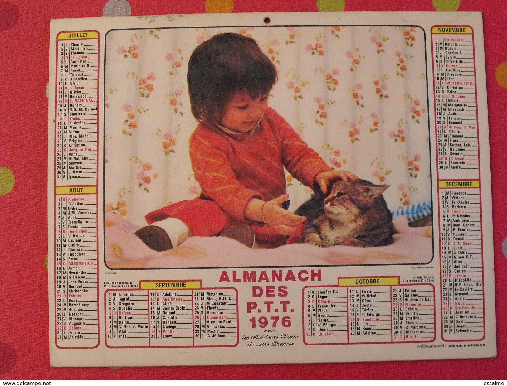 Almanach Des PTT. 1976. Calendrier Poste, Postes Télégraphes. Chien Chat Fillette - Grossformat : 1971-80