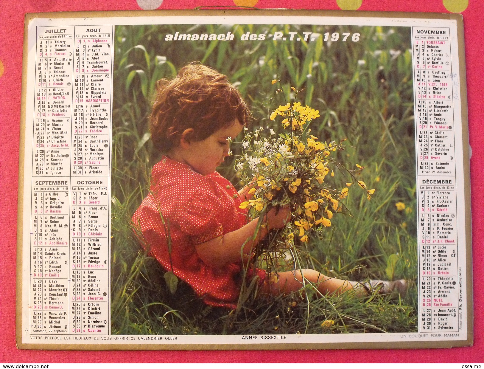 Almanach Des PTT. 1976. Calendrier Poste, Postes Télégraphes. Fleurs Chat Fillette - Grand Format : 1971-80