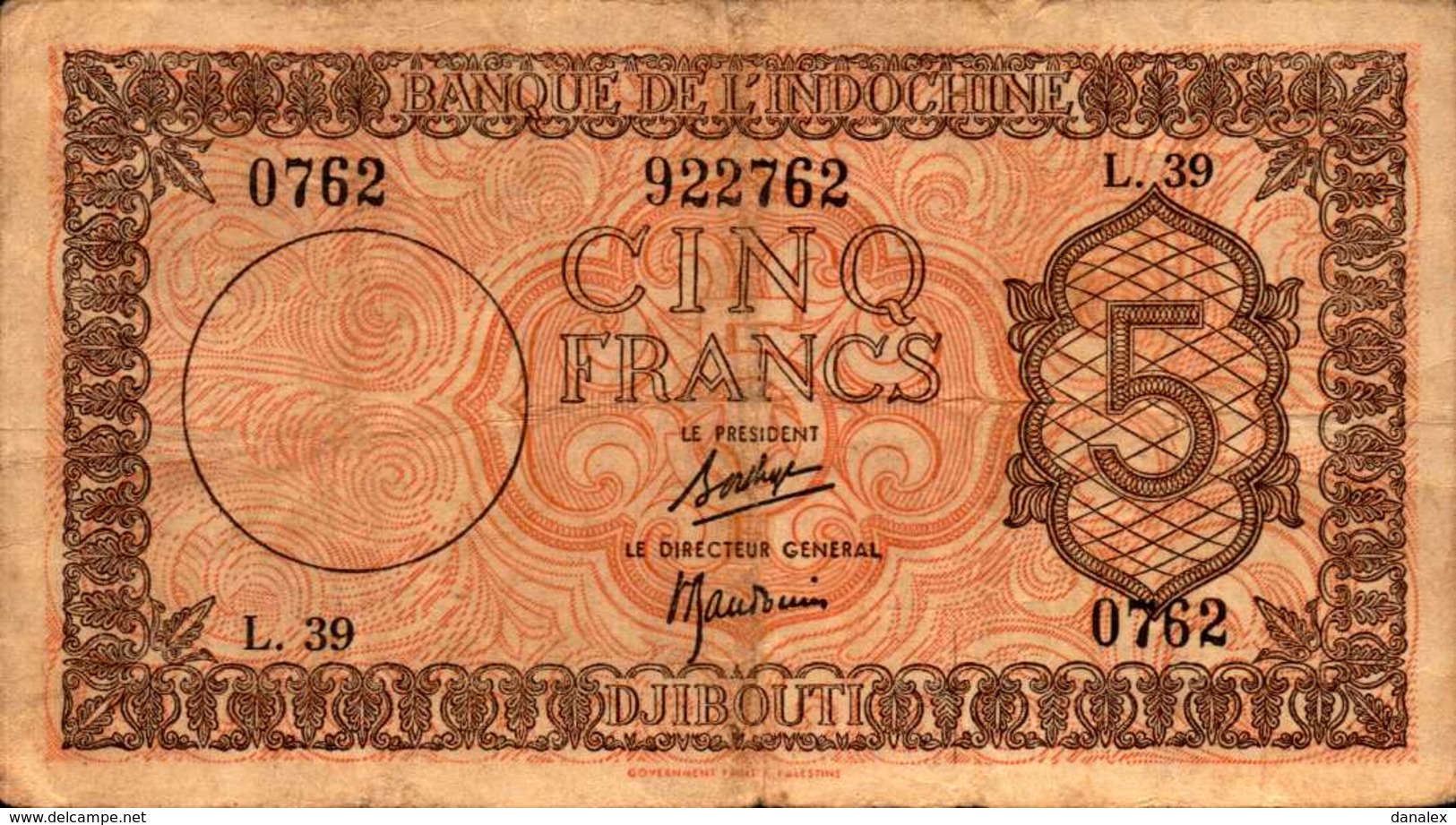 DJIBOUTI Banque Indochine 5 FRANCS Du 19-2-1945nd  Pick 14 - Djibouti