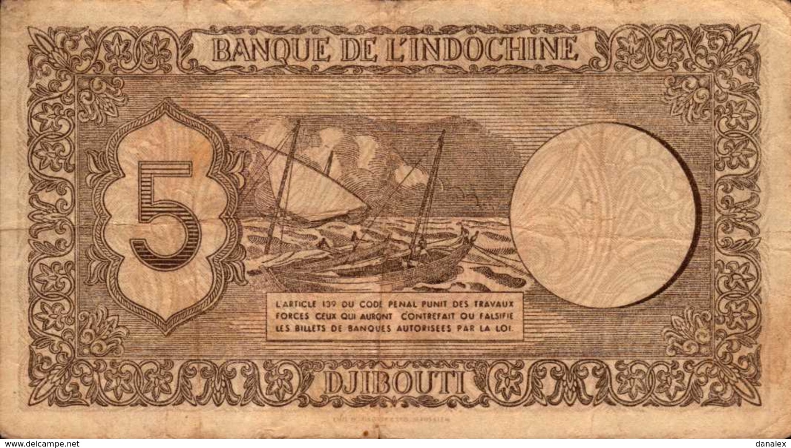 DJIBOUTI Banque Indochine 5 FRANCS Du 19-2-1945nd  Pick 14 - Djibouti