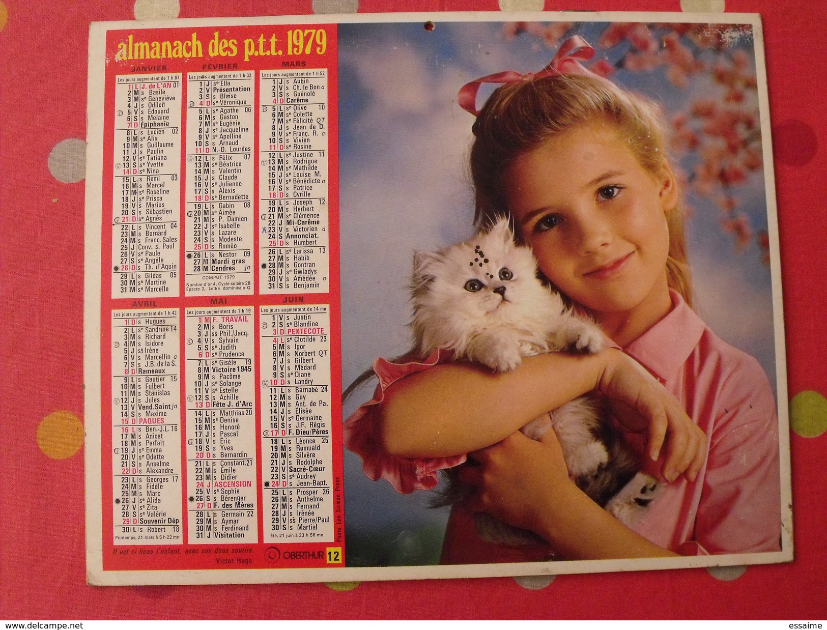 Almanach Des PTT. 1979. Calendrier Poste, Postes Télégraphes. Fillette Chien Chat - Grand Format : 1971-80