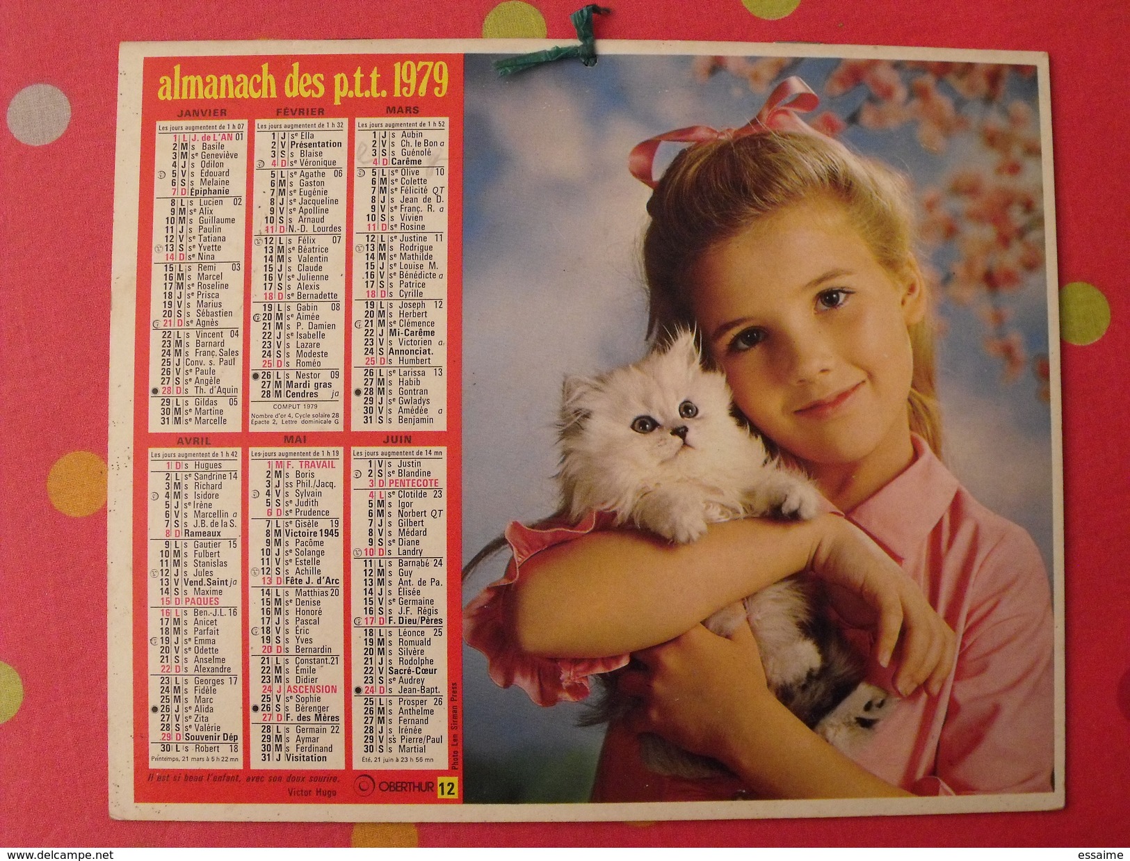 Almanach Des PTT. 1979. Calendrier Poste, Postes Télégraphes. Chien Chat Fillette - Grossformat : 1971-80