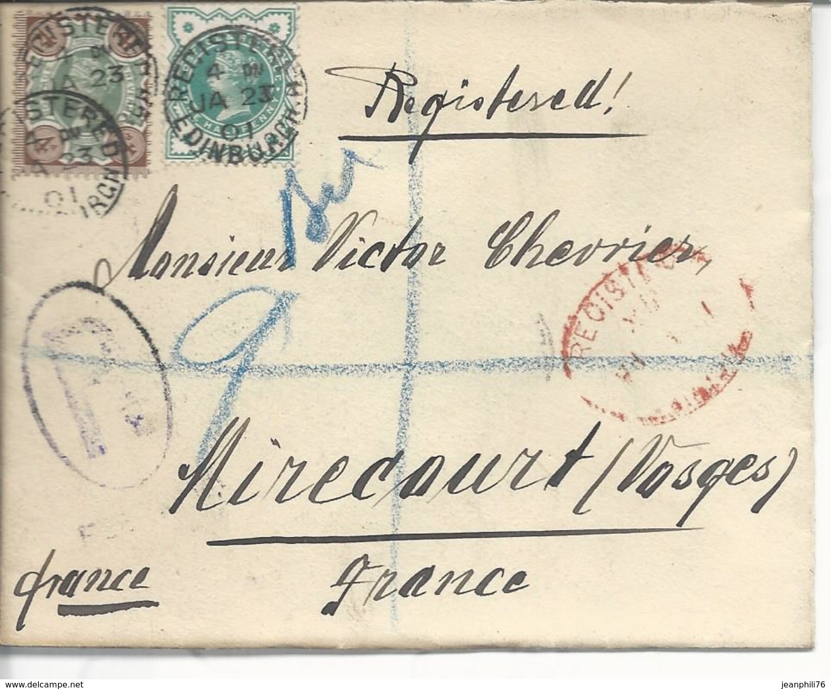 Registered Letter  D'Edimburgh >> Mirecourt 1901 Timbres 92, 97 - Lettres & Documents