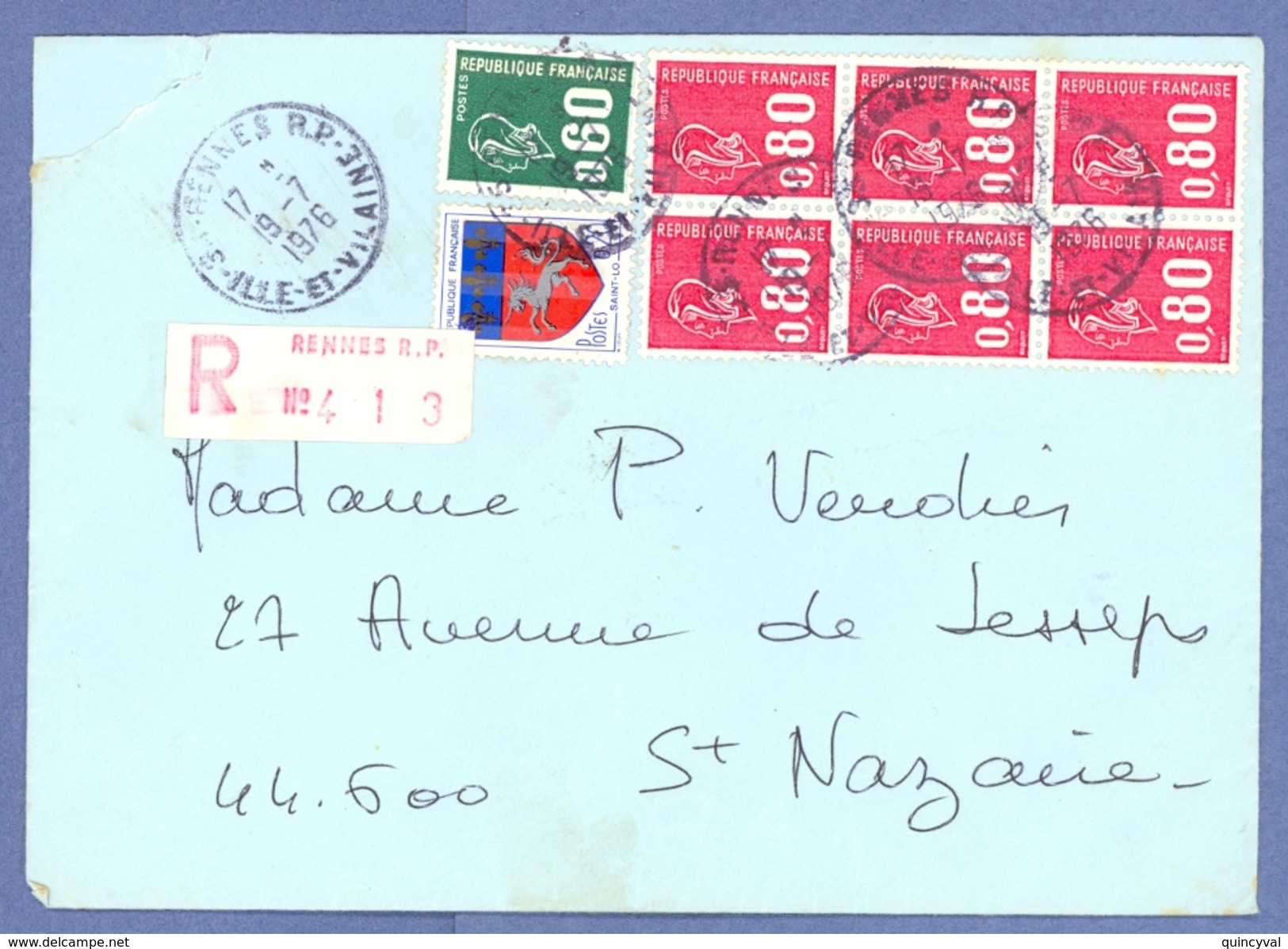 1063 Lettre Recommandé Béquet 80c Rouge 1816  60c Vert 1814 20c Blason St Lo 1510 Ob Rennes RP - Lettres & Documents