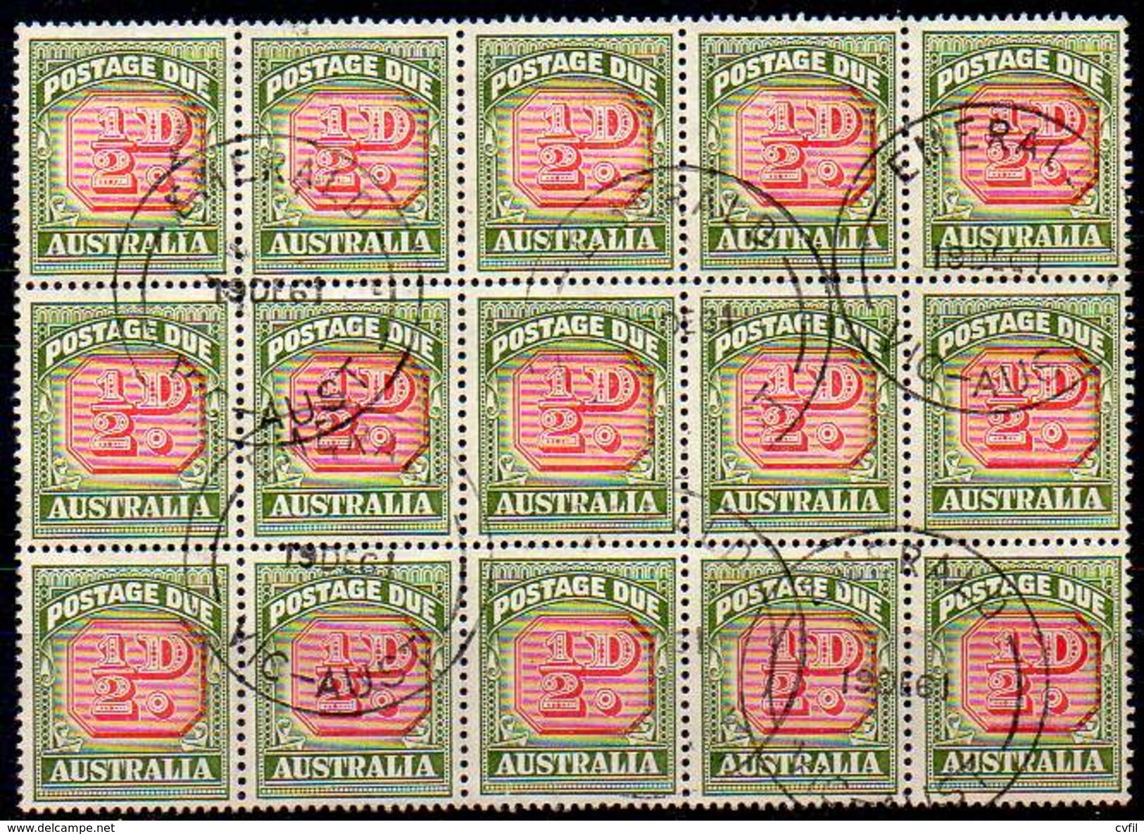 AUSTRALIA 1958. Block Of 15 Of The ½D Postage Due, Very Fine Used - Feuilles, Planches  Et Multiples