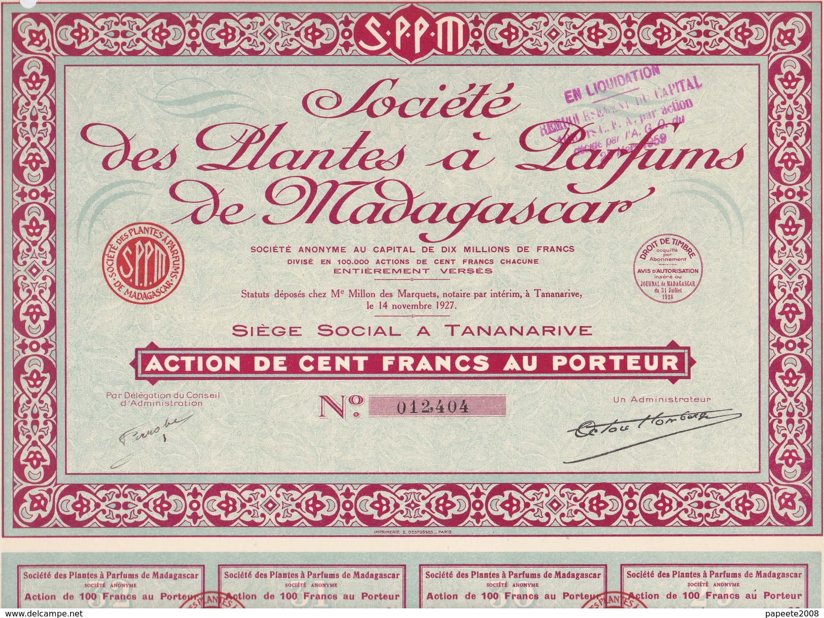 Madagascar- Sté Des Plantes à Parfums De Madagascar - Capital De 10 000 000  F / Action De 100 F - 1928 - Parfum & Cosmetica