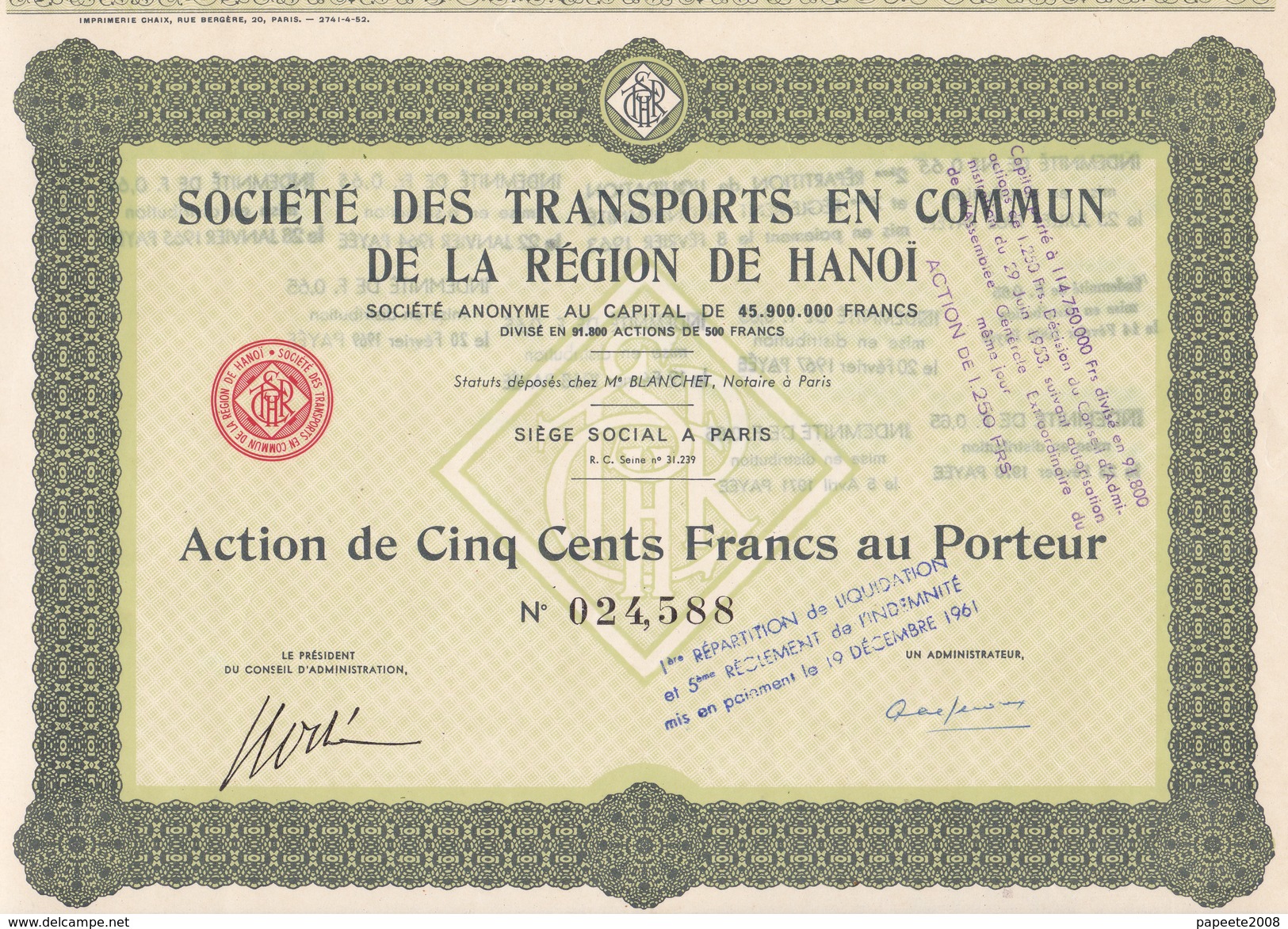 Indochine - Société Des Transports En Commun De La Région De Hanoi - Capital De 45 900 000 F / Action De 500 F - Asia