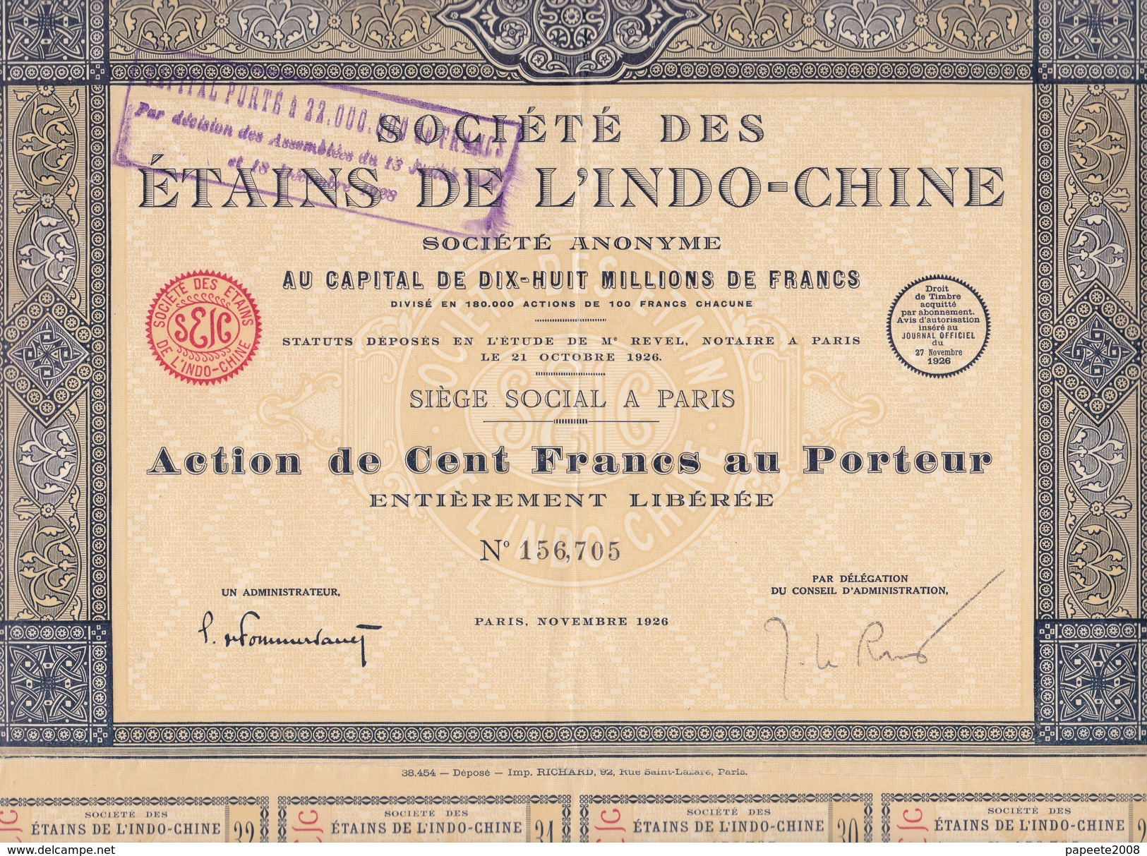 Indochine - Société Des étains De L'Indo-chine - Capital De 18 000 000 F / Action De 100 F - Azië