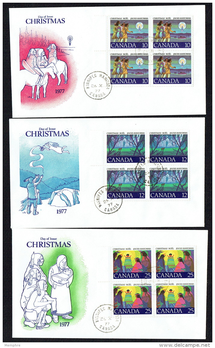 1977   Indian Christmas  Sc 741-3   Blocks Of 4 -  Set Of 3 FDCs - 1971-1980