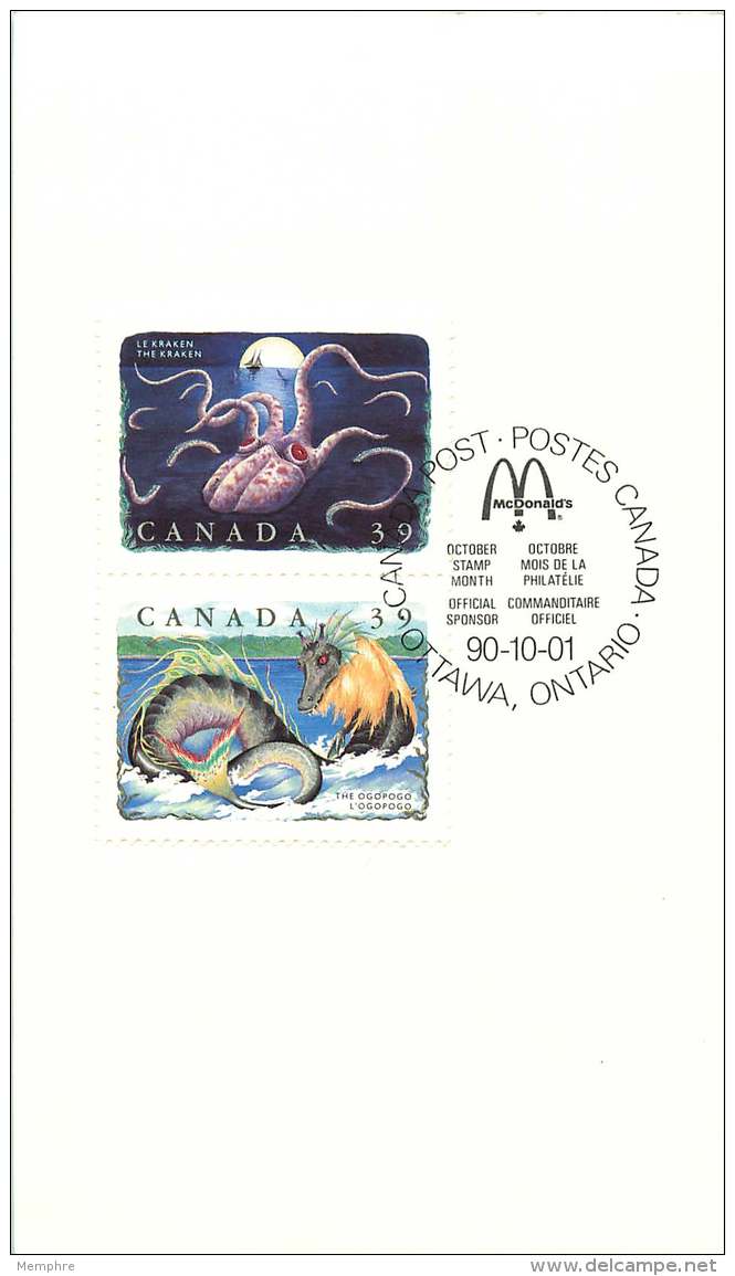 1990  Legendary Creatures  Kraken, Ogopogo Sc 1290a, 1292a  On Macdonald's Souvenir Card  Perf Change - 1981-1990