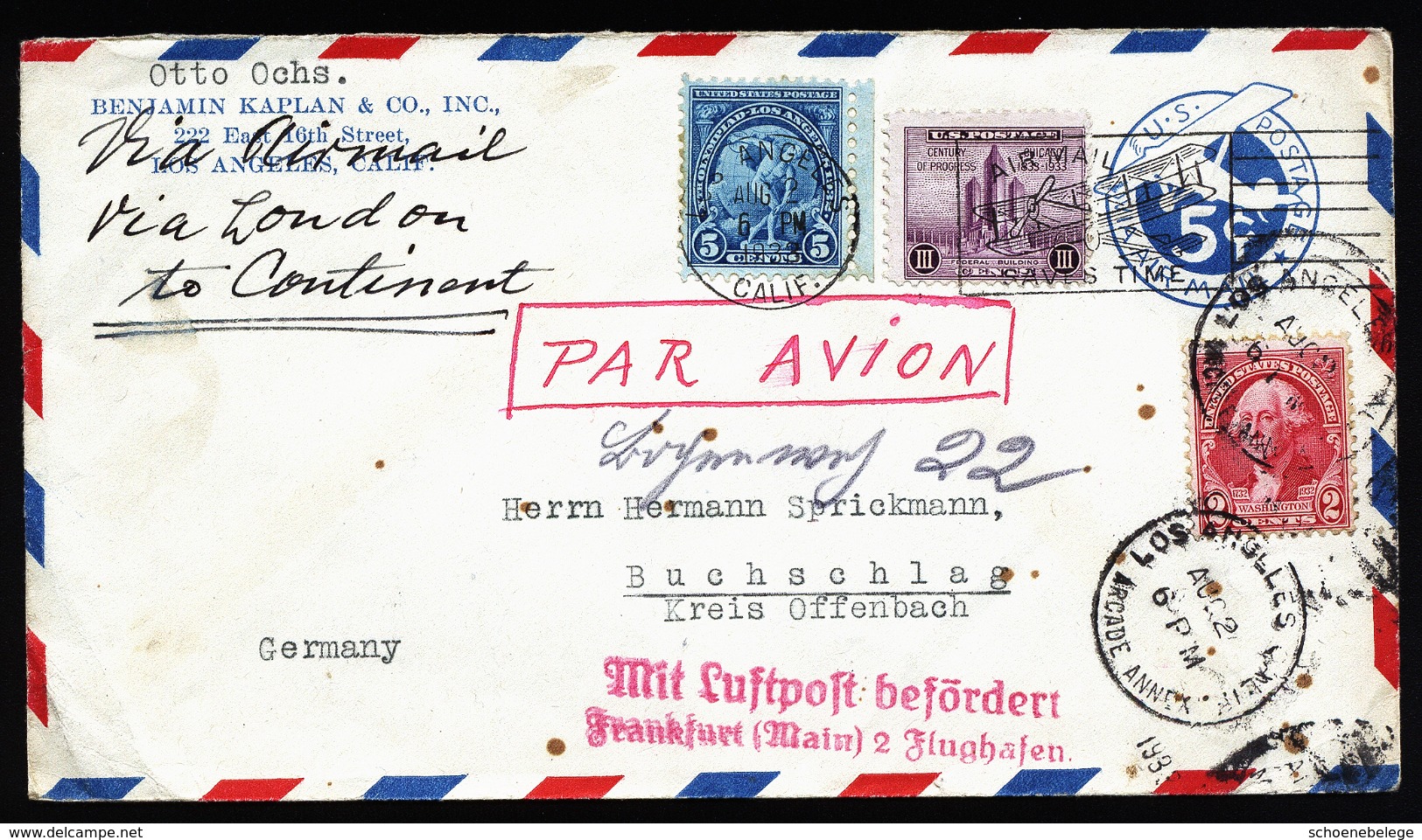 A4400) US Luftpost-Brief Von Los Angeles 2.8.1933 Nach Buchschlag - Covers & Documents