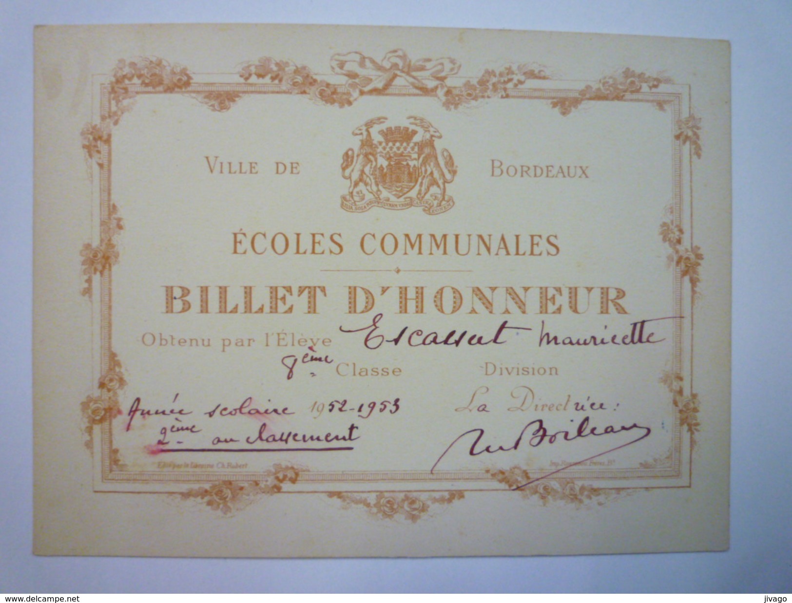ECOLES COMMUNALES De BORDEAUX  :  BILLET D'HONNEUR   1953   - Diplômes & Bulletins Scolaires
