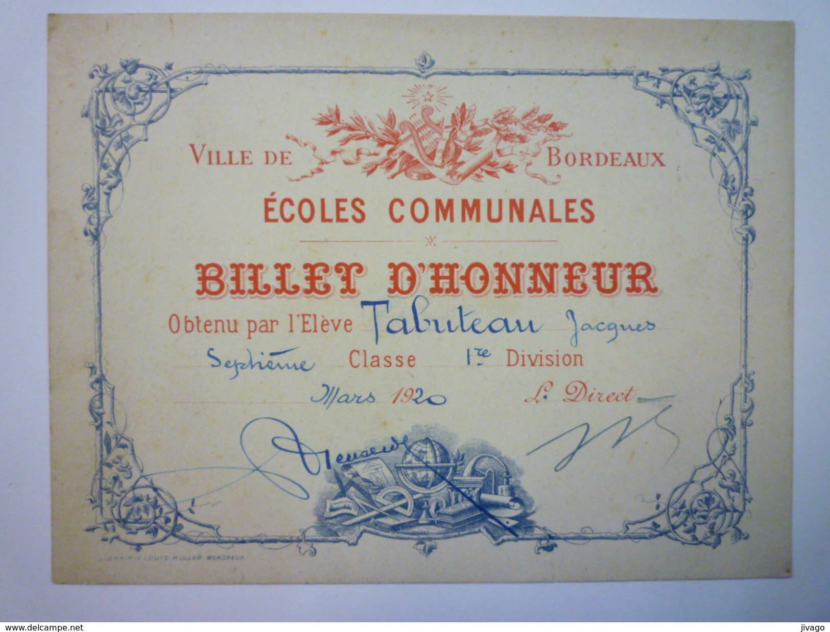 ECOLES COMMUNALES De BORDEAUX  :  BILLET D'HONNEUR   1920   - Diplômes & Bulletins Scolaires