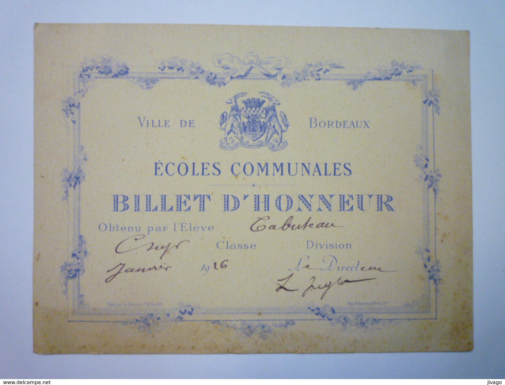 ECOLES COMMUNALES De BORDEAUX  :  BILLET D'HONNEUR   1926   - Diplômes & Bulletins Scolaires