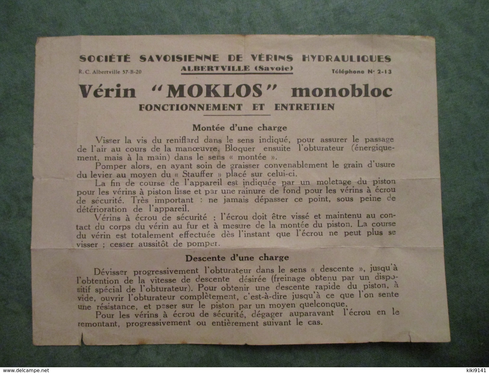 SOCIETE SAVOISIENNE DE VERINS HYDRAULIQUES à ALBERTVILLE - Notice Sur Le Vérin "MOKLOS" - Machines