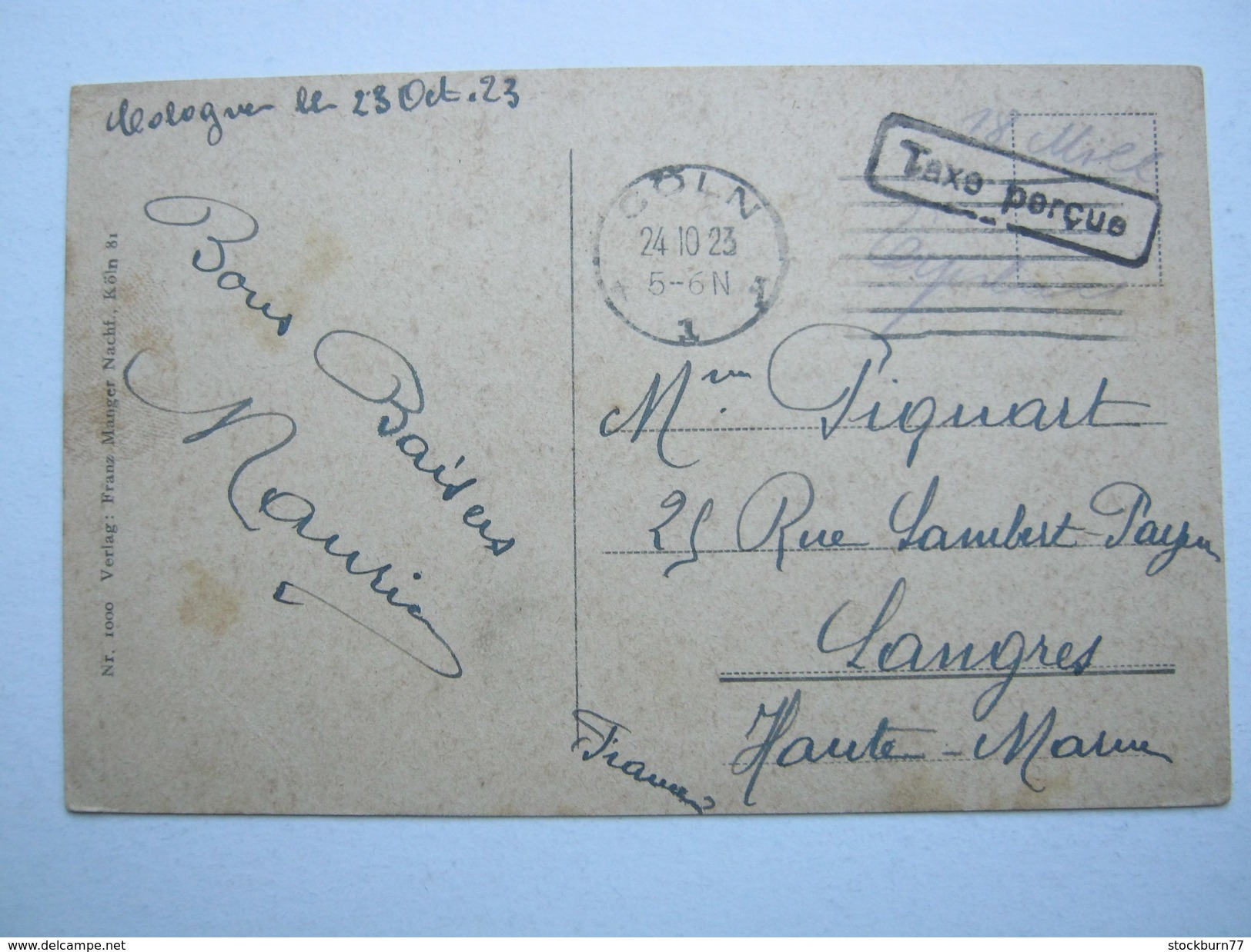 1923 , CÖLN , Taxe Percue , Klarer Stempel Auf Karte Nach Frankreich Aus Köln - Briefe U. Dokumente