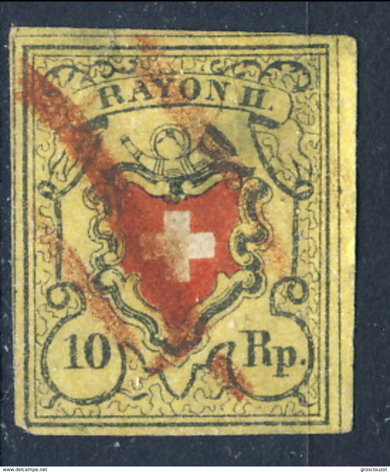 Svizzera 1850 Poste Federali Rayon II N. 15 R. 10 Giallo Nero E Rosso Annullato  Cat. &euro; 190 - 1843-1852 Federal & Cantonal Stamps