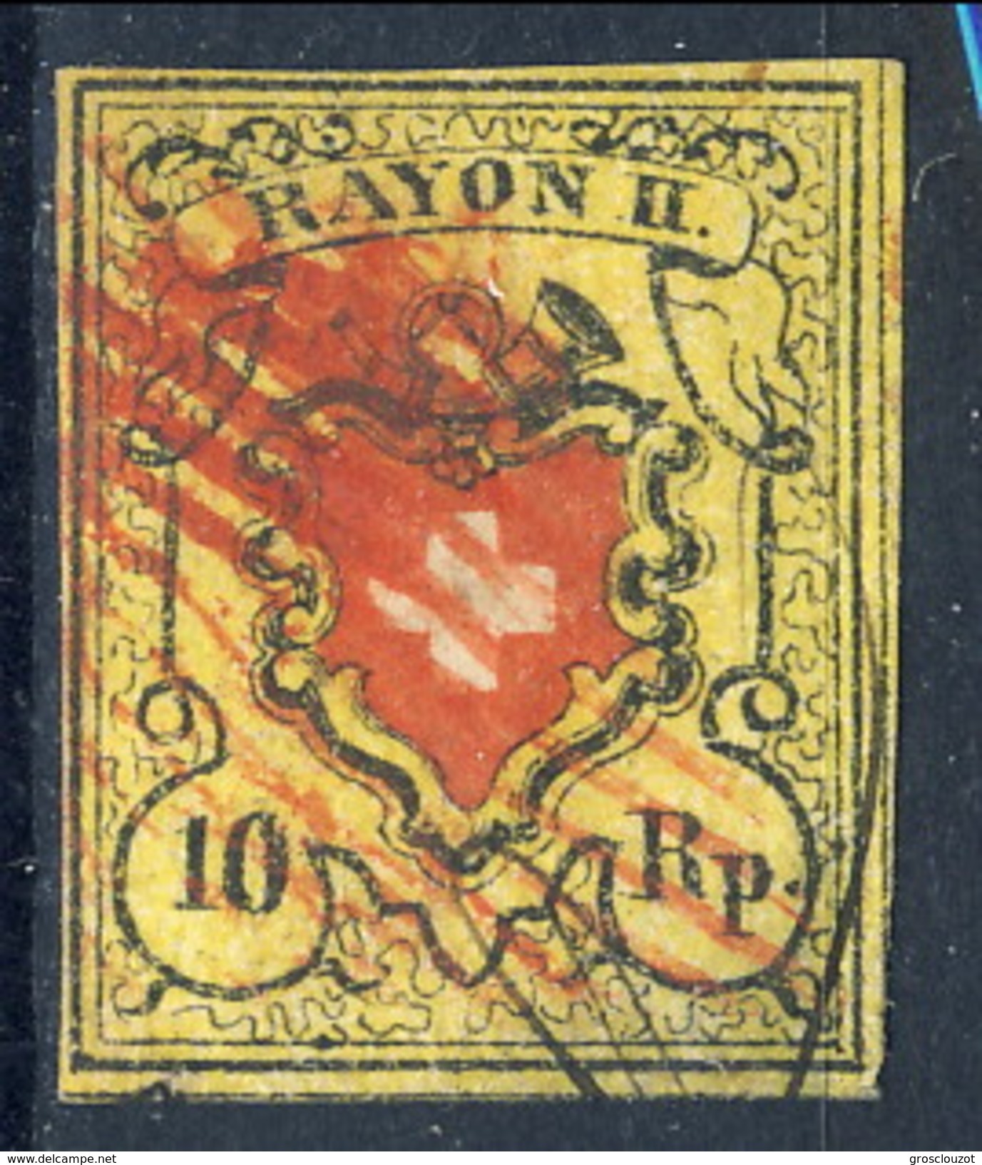 Svizzera 1850 Poste Federali Rayon II N. 15 R. 10 Giallo Nero E Rosso Annullato  Cat. &euro; 190 - 1843-1852 Federale & Kantonnale Postzegels