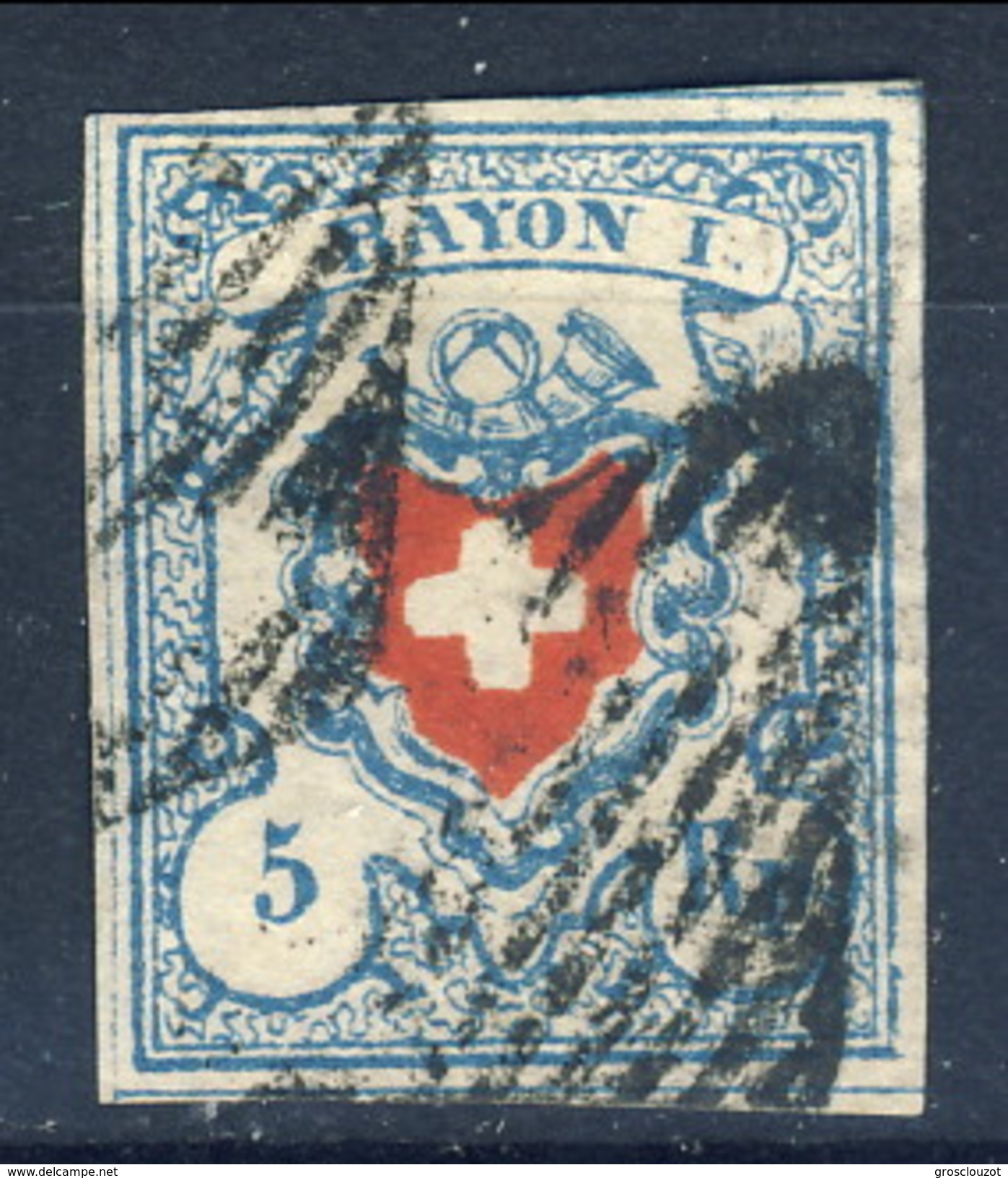 Svizzera 1851 Poste Federali Rayon I N. 20 R. 5 Azzurro Chiaro E Rosso, Carta Spessa Annullato Cat. &euro; 180 - 1843-1852 Federale & Kantonnale Postzegels