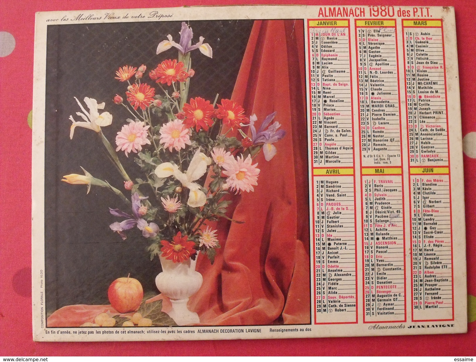 Almanach Des PTT. 1980. Calendrier Poste, Postes Télégraphes. Voiture Ancienne Bouquet De Fleurs - Grossformat : 1971-80