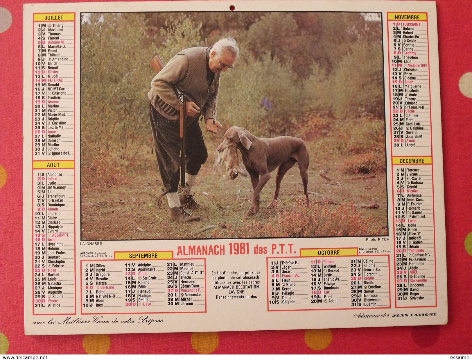 Almanach Des PTT. 1981. Mayenne Laval. Calendrier Poste, Postes Télégraphes. Pêche Chasse - Tamaño Grande : 1971-80