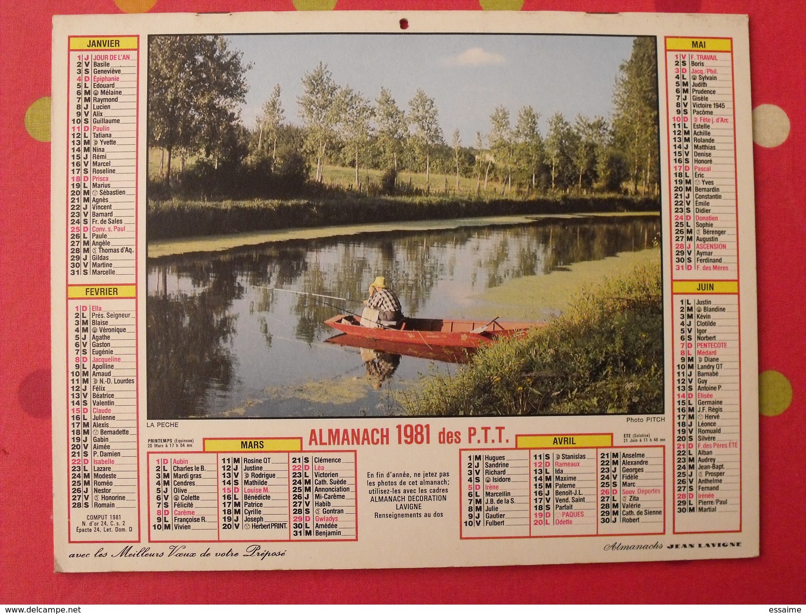 Almanach Des PTT. 1981. Mayenne Laval. Calendrier Poste, Postes Télégraphes. Pêche Chasse - Tamaño Grande : 1971-80