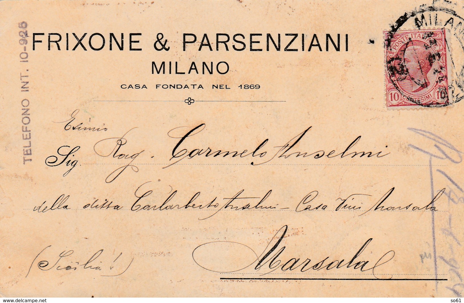 5750.   Frixone & Parsenziani - Milano - Commerciale - 1916 Per Marsala - Altri & Non Classificati