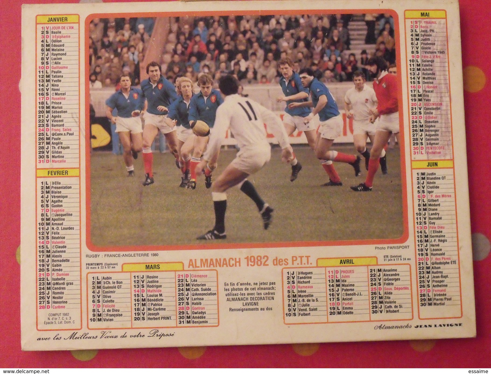 Almanach Des PTT. 1982. Mayenne Laval. Calendrier Poste, Postes Télégraphes. Rugby Football - Big : 1971-80