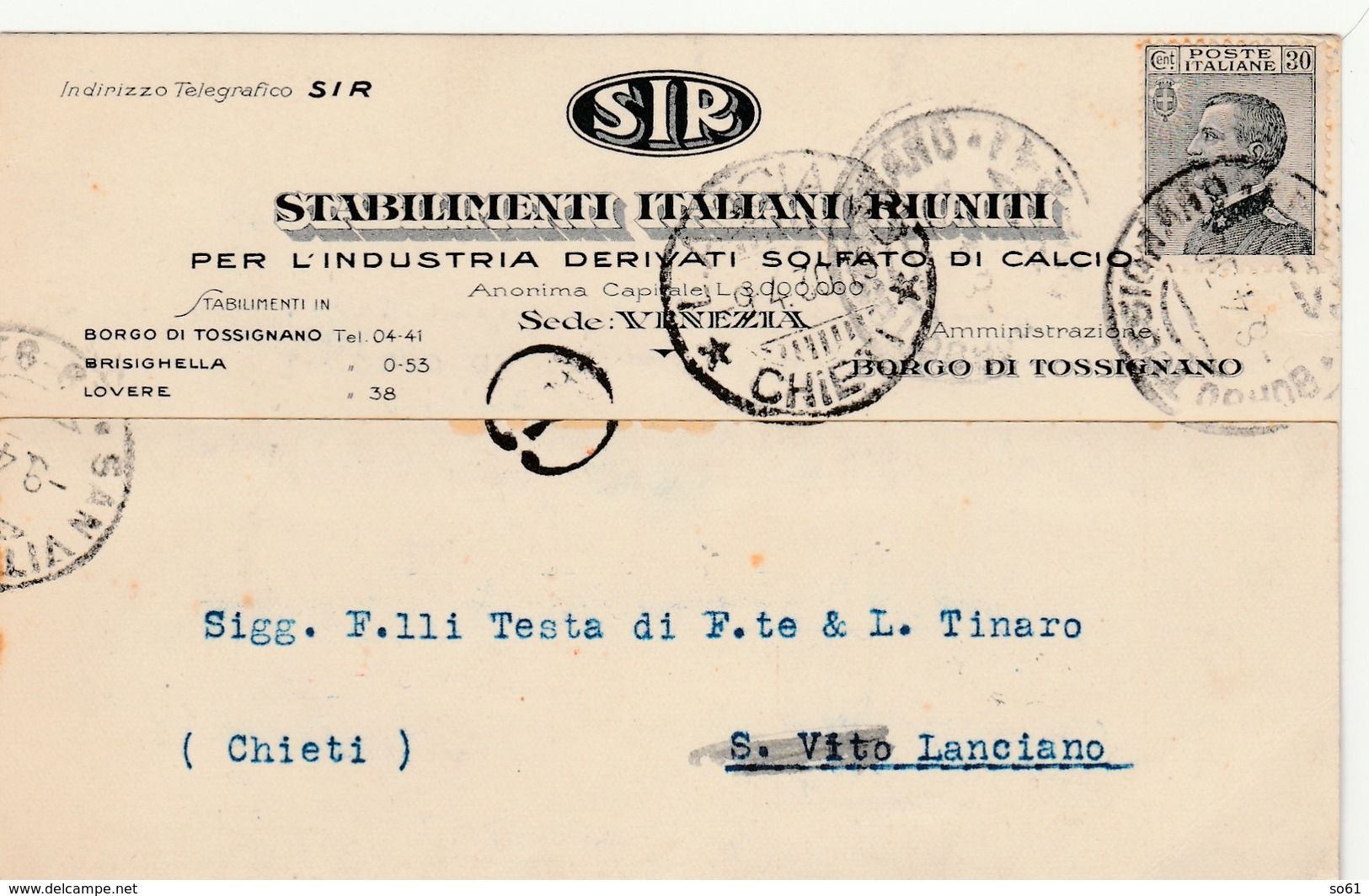 5752.   SIR - Stabilimenti Italiani Riuniti - Venezia - Commerciale - 1930 Per S. Vito Lanciano - Altri & Non Classificati