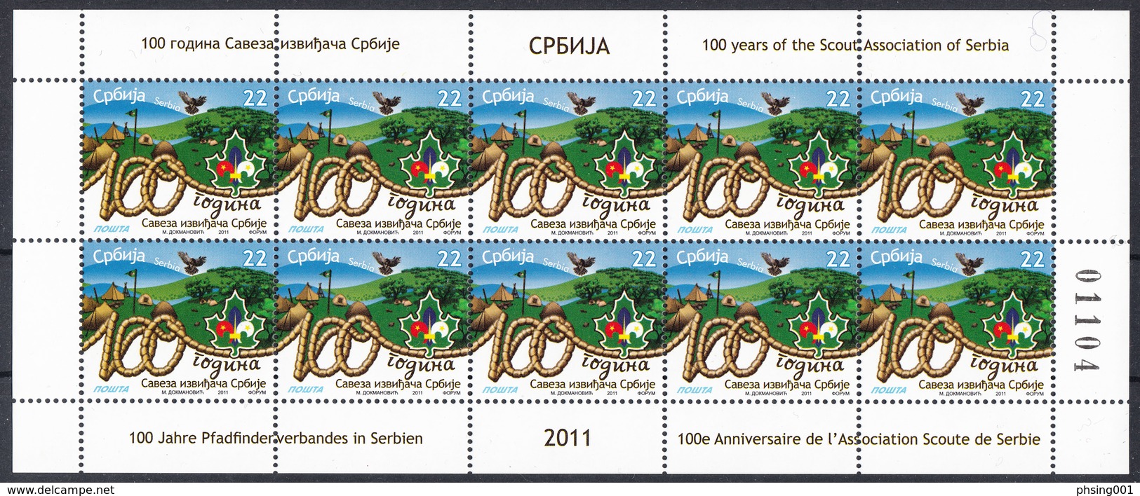 Serbia 2011  100 Years Of The Scout Association Of Serbia, Scouting, Scouts, Pfadfinder, Mini Sheet Of 10 Stamps MNH - Serbie