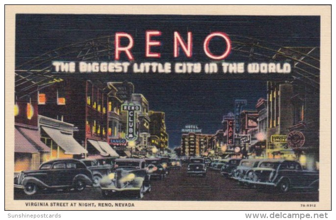 Nevada Reno Virginia Street At Night 1940 Curteich - Reno