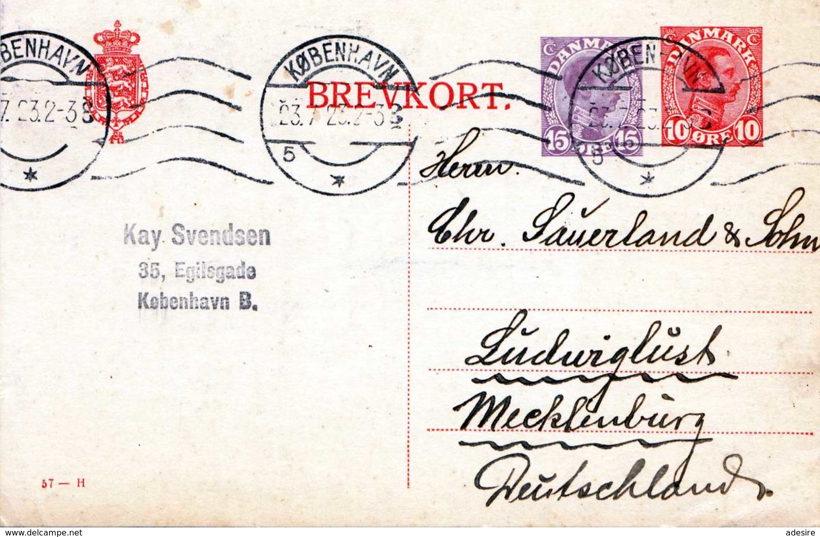 DÄNEMARK 1923 - 10+15 Öre Ganzsache Auf Pk Gel.von Kobenhavn Nach Mecklenburg - Briefe U. Dokumente
