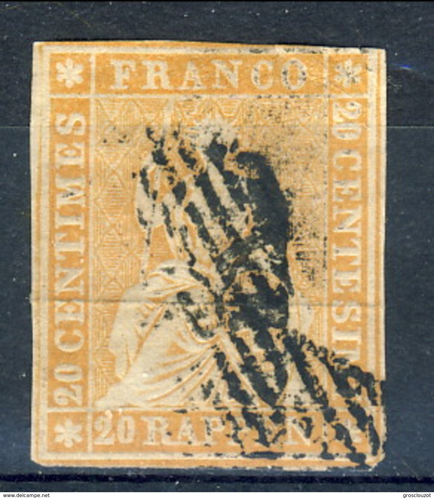 Svizzera 1854-62 N. 29 R. 20 Arancio Usato  Cat. &euro; 90xxx - Gebraucht