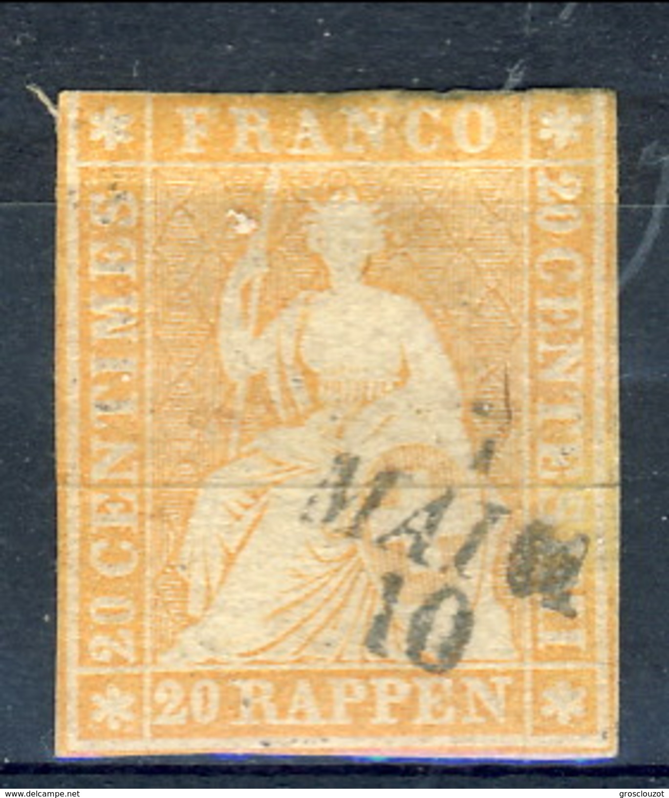 Svizzera 1854-62 N. 29 R. 20 Arancio Usato  Cat. &euro; 90 - Gebraucht